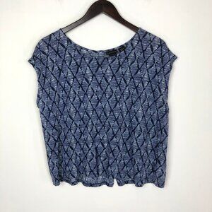 Tahari Tribal Print Short Sleeve Button Back 100% Linen Boxy Top Blouse Size XL